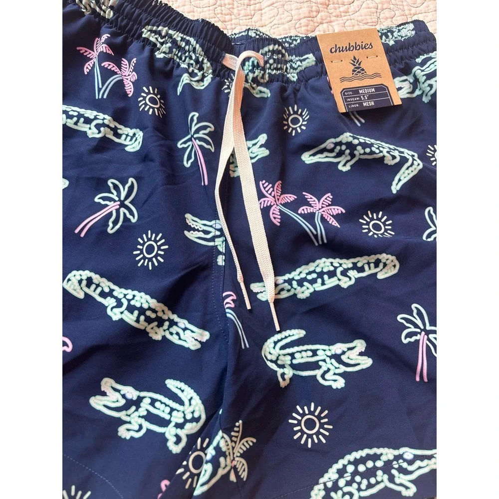 Chubbies Mens Swim Trunks Navy Neon Alligator Palm Tree 5.5 Inseam Mesh Liner M